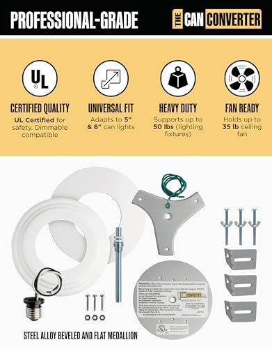 The Can Converter R56 Recessed Can Light Conversion Kit w/ 7\"¾ Flat & Beveled Steel Ceiling Medallion - Home Improvement for 5\" & 6\" Cans, Fan & Light Fixture Converter Kit, UL Certified, White - Thumbnail 3
