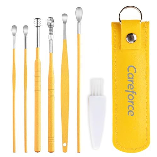 Image of Careforce - The Force Behind Your Health Ear Cleaning Kit Steel Ear Cleaner Reusable Ear Wax Remover Tool Kit Set With Storage Pack, Ear Curette Cleaner And Spring Ear Buds Cleaner 6 Pcs Set Yellow