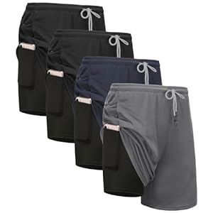 Kinglaman 4 Pack Mens 2 in 1 Running Workout Shorts with Liner, Gym Athletic Quick Dry Sport Shorts with Pockets