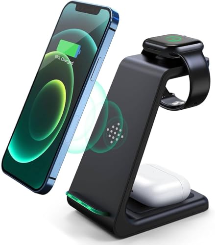 3 in 1 Wireless Charging Station, Fast Desk Charger Station for iPhone 17 16 15 14 13 12 Pro Max Plus, Charger Stand for Apple Watch 11 10 9 8 7 6 5 4 3 2 Ultra SE, Airpods 4 3 2 Pro (Black)