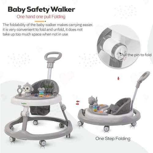Image of Baybee Drono Pro Baby Walker for Kids with Push Handle, 4-Level Height Adjustment, Musical Toy Bar| Round Activity Walker for Babies 6-18 Months (Grey)