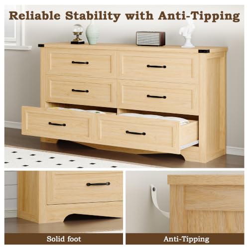 Image of BORNOON 6-Drawer Dresser for Bedroom, Modern Wooden Chest of Drawers with Metal Handles, Anti-Tipping Design, Sturdy and Stable Storage Organizer for Living Room, Entryway, Home Office