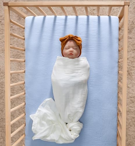 Image of Meracorallo Muslin Pack and Play Fitted Sheet, 100% Cotton, Sky Blue | Soft Breathable Mini Crib Sheet, Pack N Play Sheet, 38x26 In, Playard Mattress Sheet for Baby Boys and Girls
