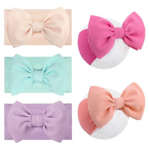 Lanmerry 5Pcs Soft Stretchy Baby Girl Headbands 6’’ Nylon Hair Bows for Girls Toddler Hair Accessories Newborn Infant Headband Bows