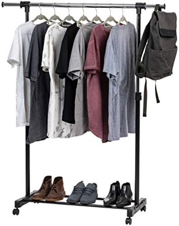 IRIS USA Portable Single-Rod Height Adjustable Clothes Rack with Extendable Bar and Lockable Wheels, Rolling Garment, Single Rod Wardrobe Rack, Easy Assemble, for Clothes, Belts, Shoes, and Bags