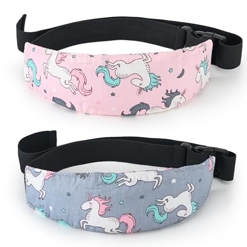 Image of Luckyiren Fantasy Unicorn Baby Car Seat Head Support Strap, Pink & Grey, Cotton, 2 Pack, Adjustable Headrest Band for Stroller, Infant to Toddler