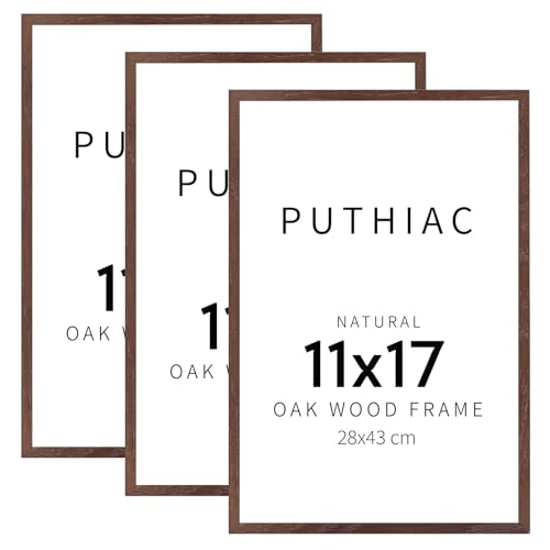puthiac 11x17 Solid Oak Wood Picture Frame, Fits 8x12 with Mat or 11x17 Without Mat, Wall Display Only, Vertical or Horizontal, Plexi Front, 3 Pack, Walnut