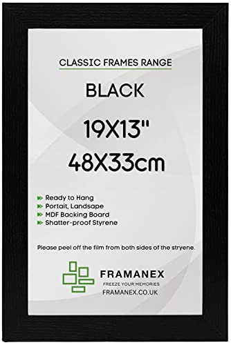 FRAMANEX BLACK 19X13 (48X33cm) Large Photo Poster Picture Frames | Classic, Wood Finish, Landscape, Portrait Wall Hanging Picture Frames | 33X48cm-13X19 inch Rectangle Picture Frame [BLACK]