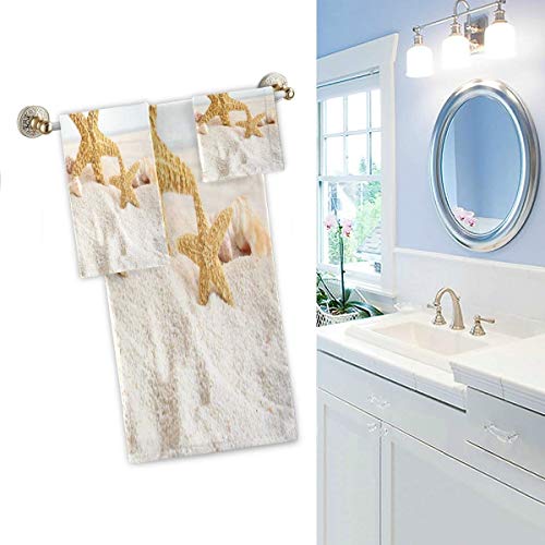 Naanle 3D Starfish And Seashells On Sand Beach Soft Decorative Set Of 3 Towels, 1 Bath Towel+1 Hand Towel+1 Washcloth, Multipurpose For Bathroom, Hotel, Gym, Spa And Beach #TOP2