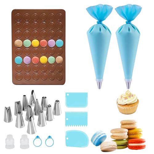 PacuM 22 Stück Macarons Backmatte Set mit Spritzbeutel und 12 Spritztüllen Backmatte Macaron 48 Mulden Antihaftbeschichtet Silikon Backformen Groß für Makronen Schokolade Keksen Brot