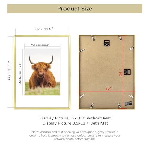 Image of Golden State Art, 12x16 Picture Frame Set of 3, Gold Thin Border, Display Photo 8.5x11 with Mat or 12x16 Without Mat, Poster Frame for Wall Hanging Horizontal and Vertical