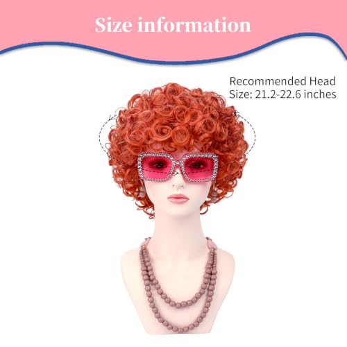 Image of Women Roper Curly Orange Red Cosplay Wig with Necklace Earrings and Sunglasses for Women Hallween Costume Wig