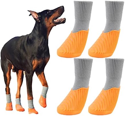 Orange Rubber Dog Boots 4 Packs for Hiking and Running, Anti Slip Waterproof Dog Shoes and Socks with Velcro Strap Suitable for Indoor, Outdoor. Small/Medium/Large Dogs Paw Protector. L