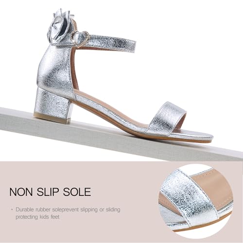 Vonair Girls Sandals Low Heels Ankle Strap Cute Heart Bow Design Flower Girls Wedding Party Dress Shoes Silver 4 Big Kid by Vonair - Used condition - Image 5