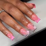 LPOODDNU Acrylic Press on Nails Medium Square Shaped Pink French Tips Artificial Nails with Rhinestone Accents and 3D Flower Designs Glossy Glue on Nails DIY False Nail Set for Women, 24Pcs