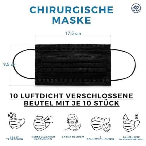 SS-Medical OP-Maske Typ IIR Schwarz, 100 Stück, 3-lagige Einwegmasken, CE-zertifiziertes Medizinprodukt, BFE 98%, atmungsaktiv & hautfreundlich