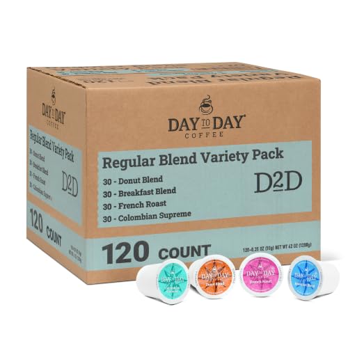 Image of Day To Day Coffee Variety Pack, 120 Count Single Serve Pods, 4-Blends (Donut Blend, Breakfast Blend, French Roast, Colombian Supreme) Compatible with Keurig K-Cup Brewers