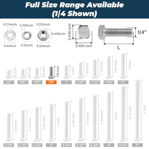 Image of 10 Sets Glvaner 1 /4-20 x 7 /8 inch Stainless Steel Hex Head Screws Bolts, Nuts, Flat & Lock Washers, 18-8 (304) Stainless Steel, Full Thread, Coarse Thread
