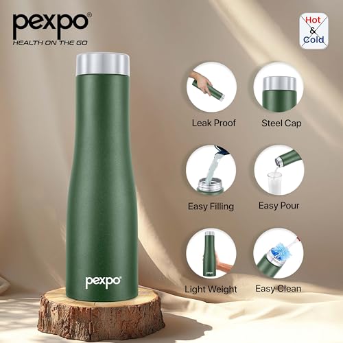 Image of Pexpo Monaco 1000 ISI Certified Stainless Steel Sports /Fridge Water Bottle with Steel Cap, 970ml, Military Green | BPA Free | Water Bottle for Office, Gym, School, Yoga, Trekking, Adults&Kids