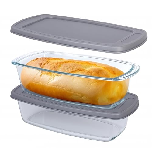 Glass Baking Pan with Lid for Homemade Bread (Set of 2) – Easy- Carry Loaf Pan with Handle – Microwave and Oven Safe – Ideal for Bread, Meatloaf, Cakes – 1.9 Qt