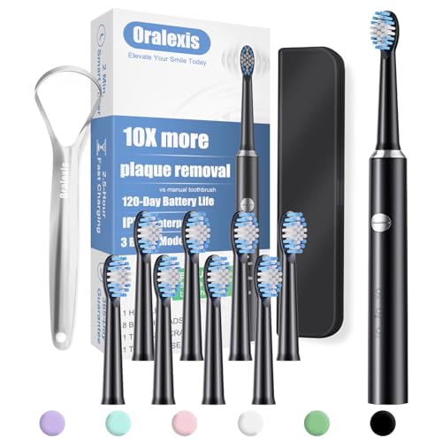 Image of Electric Toothbrush for Adults with 8 Brush Heads and Tongue Scraper, 2 Minute Smart Timer, One Fast Charge Last 120 Days, 40000 VPM Deep Clean, Sonic Travel Toothbrush - Black
