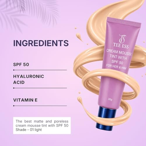 Image of TEE ESS Cream Mousse Unisex Face Tint SPF 50 | Enriched with Vitamin E & Hyaluronic Acid | Lightweight, Pore-Blurring, Non Greasy and Long-Lasting | Unisex Mousse Tint| Suitable for All Skin Types |30g