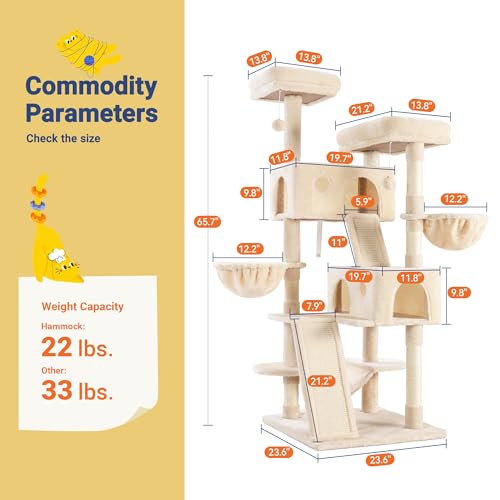 Image of Allewie 65in Multi-Level Tall Cat Tree for Indoor Kitties /Larger Tower with Wide Base /Cozy Plush ‌Pussycat Perches /Cat Condo with Hammock /Sisal Scratching Posts /Beige