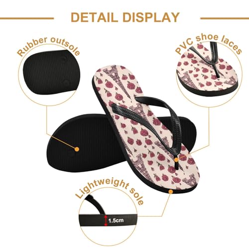 ALAZA Romantic Eiffe Tower Red Rose Flip Flops for Women Fashion Beach Slippers Comfort Mens Flip Flops Non-Slip Rubber Shower Slippers Sandal for Hotel Travel Sport,XS3