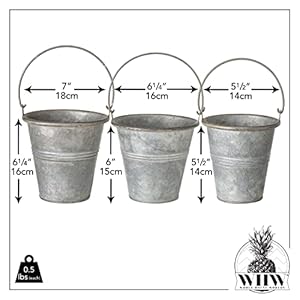 WHW Whole House Worlds Farmhouse Metal Planter or Flower Pots, 3 Piece Set, Galvanized Zinc, Bucket with Handle, Country Style, 6 Inches Nesting, Corrugated Details WHW Whole House Worlds Farmhouse Metal Planter or Flower Pots 3 Piece Set Galvanized Zinc Bucket with Handle Country Style 6 Inches Nesting Corrugated Details