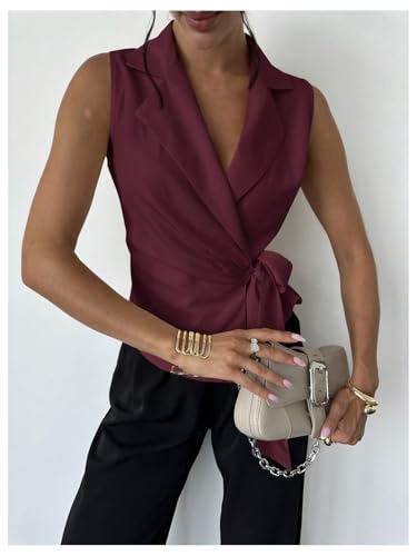Floerns Women's Wrap V Neck Casual Work Tie Tops Sleeveless Office Dressy Blouse Elegant Shirts2