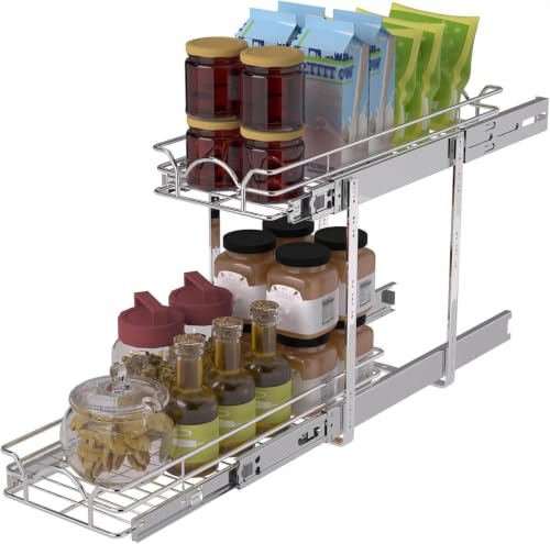 OCG 2 Tier Pull Out Cabinet Organizer (9.5″ W x 21″ D), Pull Out Drawers for Kitchen Cabinets, Pull Out Shelves for Base Cabinet Organization in Kitchen Bathroom Pantry, Chrome Finish