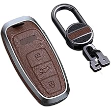 SANRILY Keyless Brown Key Fob Cover for Audi A6 A7 A8 2020 2021 E-tron Q8 Q7 Metal Leather Key Case Shell with Keychain