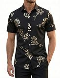 ZEROYAA Mens Hipster Gold Rose Printed Slim Fit Short Sleeve Button Down Dress Shirts ZZCL41 Black X-Large