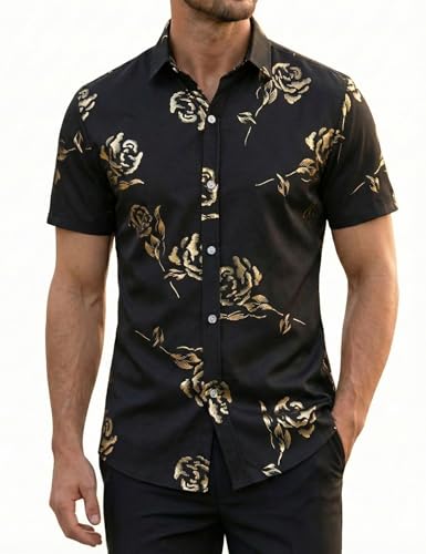 ZEROYAA Mens Hipster Gold Rose Printed Slim Fit Short Sleeve Button Down Dress Shirts ZZCL41 Black Small