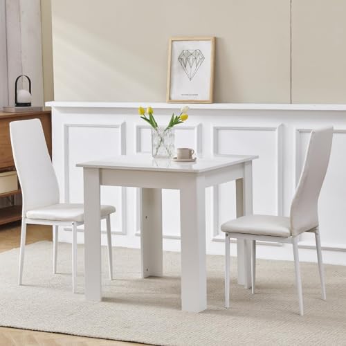 Juego de comedor de madera blanca para espacios pequeños, mesa de cocina cuadrada compacta de 5 piezas con sillas de 4 plazas, diseño que ahorra espacio (incluye 2 sillas de cuero blanco)