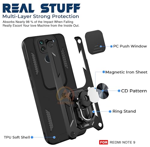 Image of Armor Bumper Back Cover Case for Redmi Note 9 Rotating Camera Cover, Ring Holder & Kickstand | Heavy Duty & 360 Degree Protection Redmi Note 9 Back Cover (Black)