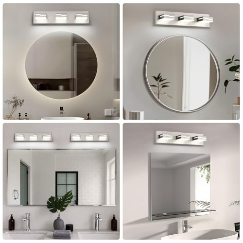 Image of LED Modern Bathroom Vanity Light Fixtures 3-Light, 19 inch Dimmable Nickel Vanity Lights for Bathroom Lighting Fixtures Over Mirror, with 350Rotatable Acrylic Heads(White Light 5500K)