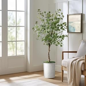 Artificial tree in white marble effect planter fake eucalyptus silk tree for indoor and outdoor home decoration 57 overall tall plant pot plus tree  urban country home decor
