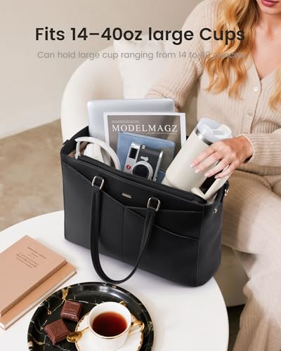 LOVEVOOK Lunch Tote Bag for Women, 3 in 1 Work Bag with Insulated Lunch Compartment, Laptop Bag with Large Cup Holder for Office, College, Casual, Black — view 6