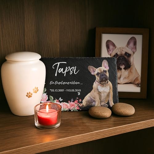 Grabstein Hund aus Schiefer mit farbigem Foto - Tier Gedenkstein als liebevolle Erinnerung an geliebtes Haustier - Grabdeko Gedenktafel Naturstein