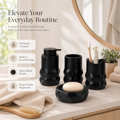 Image of BosilunLife Modern Ceramic Bathroom Accessories Set, Bathroom Counter Set Matte Black Bathroom Decor Sets Accessories Bathroom Foam Soap Dispenser, Toothbrush Holder Set, Soap Dish, Apothecary Jars