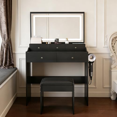 Ball & Cast Vanity Desk with Large Mirror & Power Outlet,3 Dimmable Colors Light Makeup Vanity Table Set with 5 Drawers & Chair,Adjustable Brightness Dressing Table for Women Girls Bedroom,Black by Ball & Cast - Used condition - US$98.29
