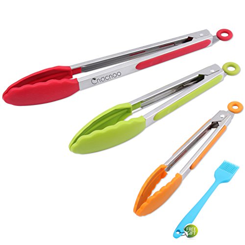 Stainless Steel Kitchen Tongs, Set of 3-7,9,12 Inch,Non-Stick Food Tongs with Silicone Tips for Barbeque, Cooking, Grilling Turner(multi color - Green, Red, Orange)