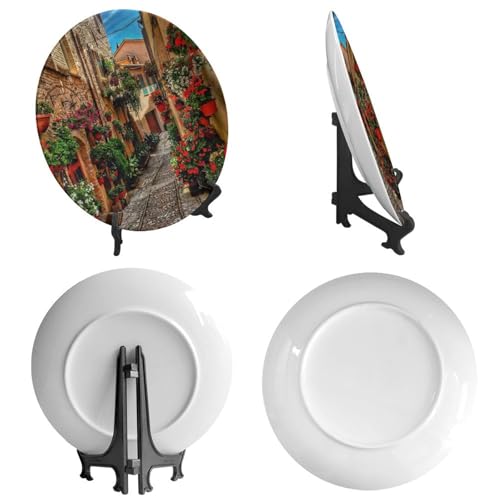 Landscape Theme Ceramic Decorative Plates, Flowery Country Streets Round Decorative Plate, with Decorative Bracket, for Living Room Bedroom Kitchen or Office Wall Hanging, 10 inch - Image 5