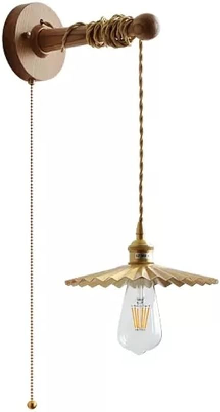 Wall Lights for Bedroom Pull Chain Wall Sconce Wood+Brass Adjustable Height Living Room Hallway Bedside Reading Wall Lamp