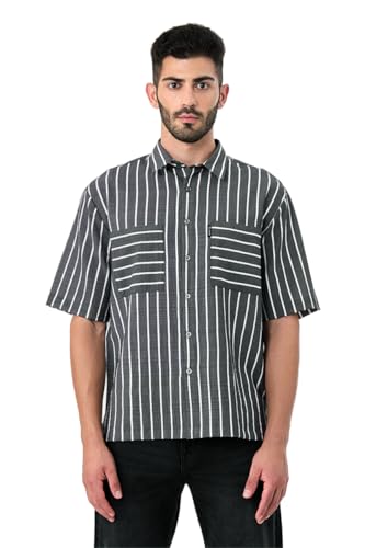 Image of SNITCH Men Casual Plus Size Shirt | Regular Fit Full Sleeve Mandarin Collar Striped Design | Premium Cotton Linen Blend & Breathable Fabric for Office & Everyday Wear