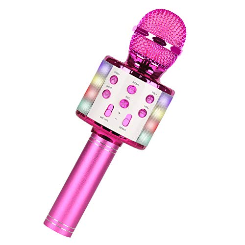 Micrófono Karaoke Bluetooth, Guiseapue Microfono Inalámbrico Karaoke Portátil con Luces LED para Niños Canta Partido Musica, Compatible con Android/iOS PC,Teléfono Inteligente (Rosado)