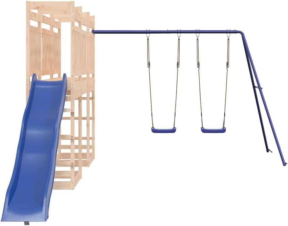 Outdoor Playset Natural Wood Blue Solid Pine Wood Polypropylene with Swings and Slide for Kids Ages 3 to 8 Spacious Play Area Fits Up to Six Kids