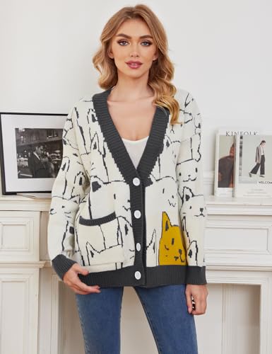 Image of Gihuo Women Cat Sweater Oversized Cute Kawaii Cardigan Knit Graphic V Neck Loose Fit Long Sleeve Cardigan Coat