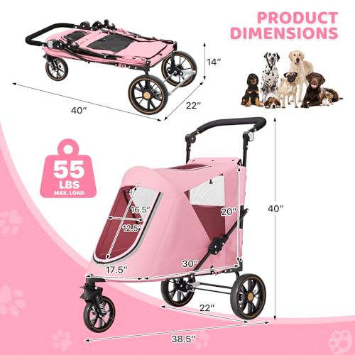 Image of Magshion 3-Wheel Foldable Dog Jogger with Adjustable Handle, Pink | Pet Stroller for Medium Larges, All-Terrain Wheels, Dual Entry, Rear Storage, Breathable Mesh, Up to 55 lbs